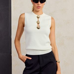 Metal Decor Cut-Out Sleeveless Knit Top