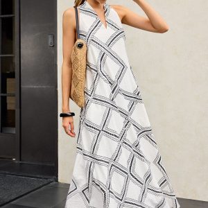 Geometric Print Halter Maxi Dress