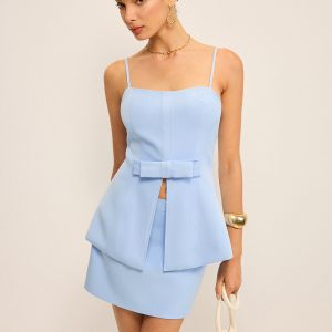 Bow Detail Slit-Front Top and Mini Skirt Set