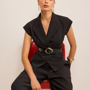 Belted Peplum Vest with Metal Buckle Detail