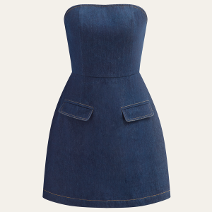 Strapless Denim Mini Dress with Decor Pockets