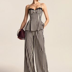 Gingham Spaghetti Strap Peplum Top with Lace Trim