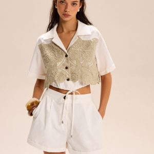Lace-paneled Cropped Shirt Shorts Set
