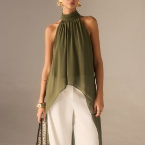 Semi-Sheer Halter-Neck Chiffon Long Top