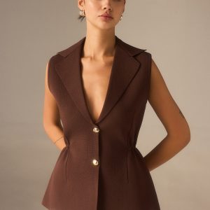 Metal Button Knitted Sleeveless Blazer Vest