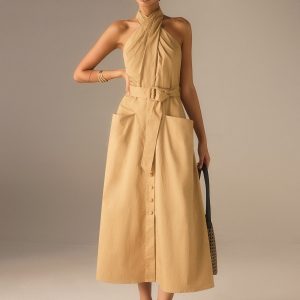 Cotton Pleated Halter Neck Belted Midi Dress