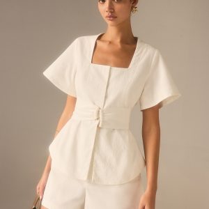Cotton Square Neckline Top with Belted Waist