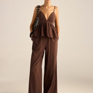 Cotton Peplum Beaded Straps Top and Pants set