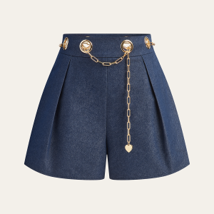 Faux Denim Shorts with Metal Chain Belt
