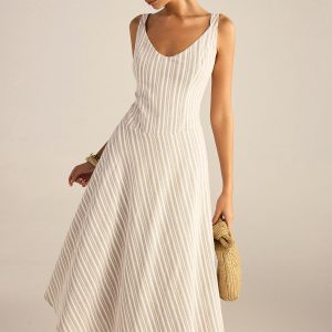 Striped Asymmetriccal Hem Midi Dress