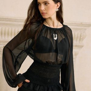 Sheer Chiffon Smocked Waist Blouse