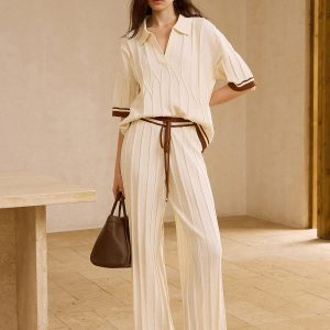 Contrast-Trimmed Polo Neck Top and Drawstring Straight-Leg Pants Set
