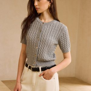 Cable Knit Short-Sleeve Cardigan