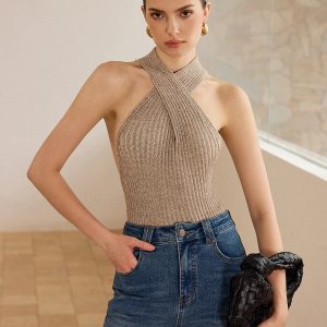 Cross-Strap Halter Neck Knit Top