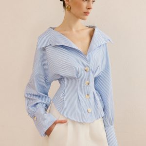 Striped Collared Shirt with Waist-Cinching Design