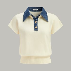 Denim Collar Cinched Knit Top