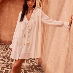 Tasseled Button Cotton Mini Dress