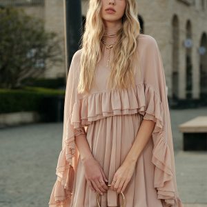 Semi-Sheer Chiffon Ruffle Dress With Outer Cape