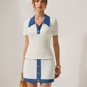 Denim-Collar Knit Polo Top with Metal Button
