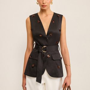 Belted Vest with 3D Sequin Flower Embellishments