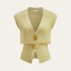 Metal Button Cable Knit Waist-Cinching Vest