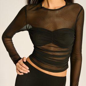 Semi-Sheer Mesh Ruched Long-Sleeve T-Shirt
