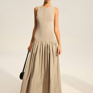 Sleeveless Knit-Top Pleated Midi Dress