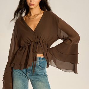Semi-Sheer Chiffon Tiered Flared Sleeve Shirt