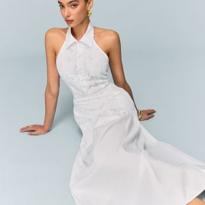 Pocketed Halter Neck Embroidered Dress with Non-Belted