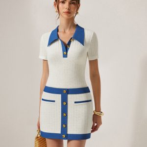 Denim-Trimmed Knit Mini Skirt with Metal Button