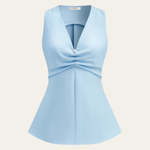 V-Neck Ruched Top with Pearl Detail