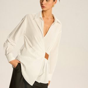 Cotton Ruched Shirt with Faux Leather Detail