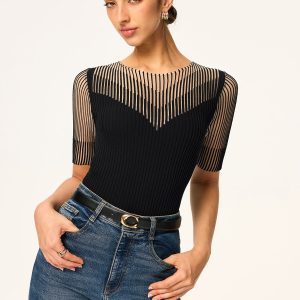 Sheer Striped Panel Ribbed Knit Top