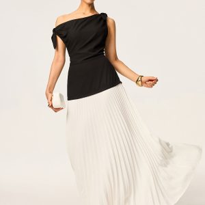 Asymmetric Pleated Maxi Dress with Bow Detail