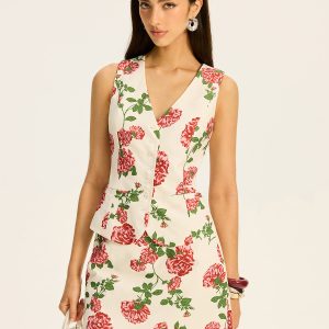 Floral Printed Vest and Skirt Set