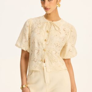 Semi-Sheer Jacquard Metal Button Cotton-Blend Top