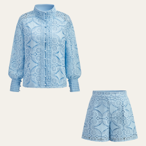 Lace Puff Sleeve Shorts Set Without Belt