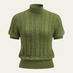 Cable-Knit Mock Neck Short-Sleeve Sweater Top