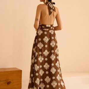 Floral Print Pocketed Halter Neck Maxi Dress