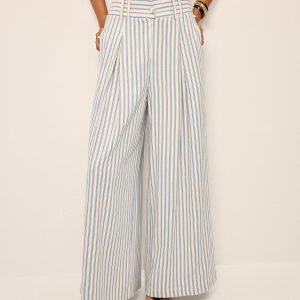 Cotton Striped Pleated Wide-Leg Pants