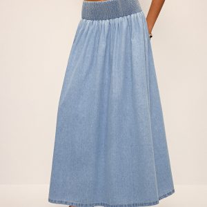 Smocked Waistband Denim Maxi Skirt