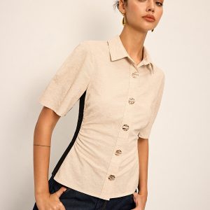 Cotton & Linen Contrast Trim Ruched Shirt