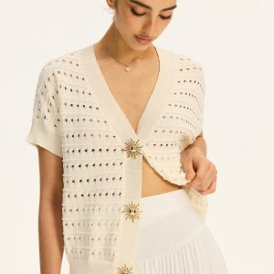 Eyelet Knit Metal Button V-Neck Cardigan