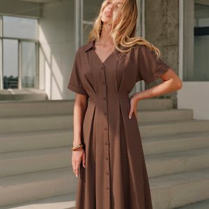 Pleated Button-Front Shirt Dress