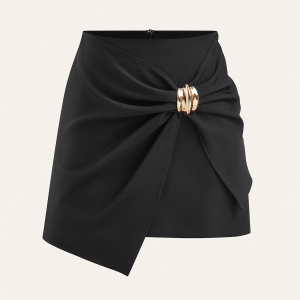 Asymmetric Ruched Wrap Mini Skirt with Metal Buckle