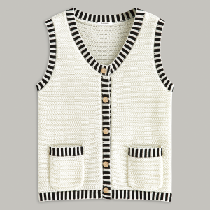 Button Striped Trim Knit Vest