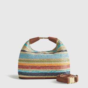 Color-Block Striped Straw Handbag with Leather Strap