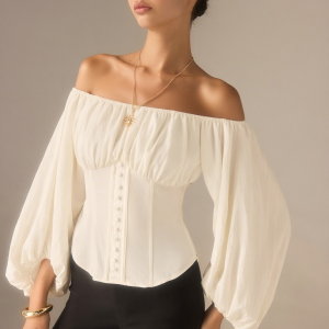 Off-Shoulder Lantern-Sleeve Top with Bow Back