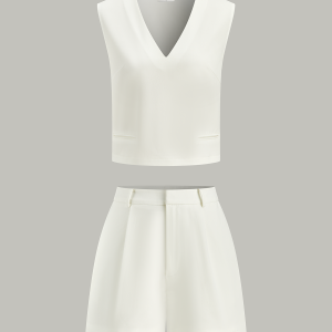 V-Neck Pocketed Top and Pleated Shorts Set