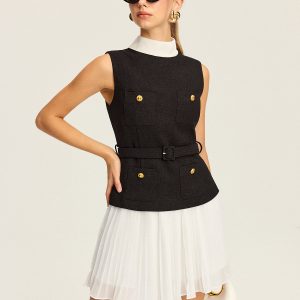 Sleeveless Belted Vest and Pleated Skirt Set